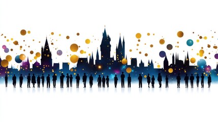 City silhouettes with golden confetti, urban scene,  people watching. Stock photo