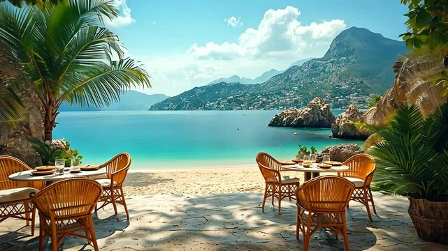 Serene beachside restaurant with wicker chairs overlooking a tranquil sea and mountains