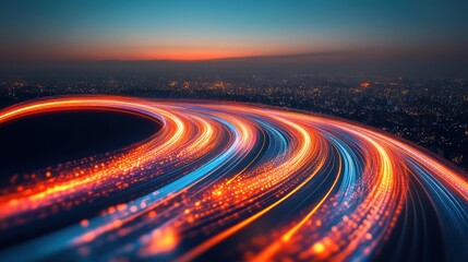City lights trails at twilight, abstract, dynamic movement, night city view, for digital art or design, use in presentation or advertisement, or background