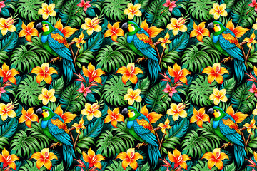 Vibrant seamless pattern with exotic parrots and lush tropical plants, botanical design for textile, fabric and wrapping paper