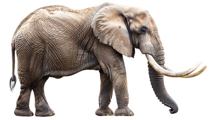Obraz premium Powerful elephant with magnificent large tusks, isolated on a pure white background. A symbol of strength.
