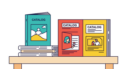 Catalogs showcasing business strategies and creative marketing solutions, representing organized information and diverse company resources for effective sales