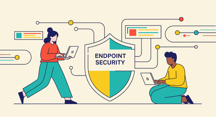 Two people using laptop computers showcasing endpoint security, representing digital protection and cybersecurity solutions for data privacy