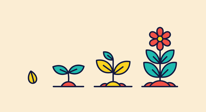Lifecycle illustration depicting plant growth stages, showcasing progression from seed to flower, symbolizing development and potential