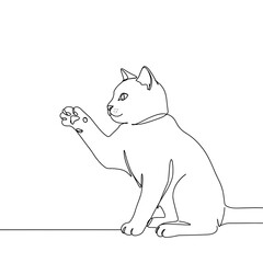 Cat raising paw in minimalistic line art style on white background  