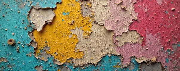 Weathered Wooden Surface with Peeling Paint Layers of Colorful Texture Reveal Aged Beauty