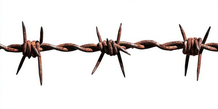 A close-up image of rusty barbed wire with three sets of sharp, twisted spikes against a white background.