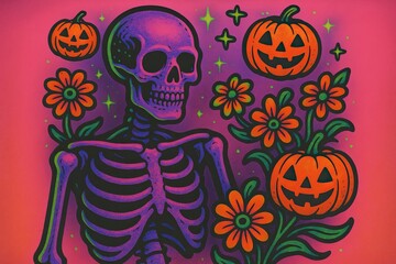 colorful skeleton surrounded by vibrant flowers and smiling pumpkins against a bright pink background, embodying a playful halloween spirit and seasonal festivity