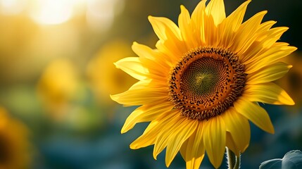 Naklejka premium A vibrant yellow sunflower blooms beautifully in a field bathed in warm sunlight, showcasing nature's beauty and radiating a sense of joy and optimism today.