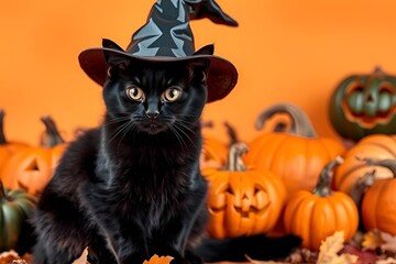 Obraz premium Black Cat with Witch Hat and Pumpkins in Autumn Halloween Scene – Festive Fall Illustration