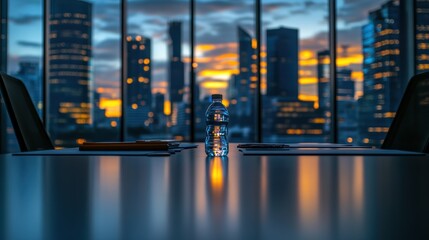 Cityscape view from conference room with water bottle