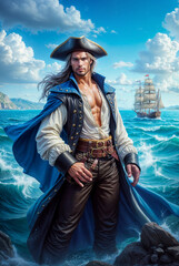 Handsome Pirate Prince Standing at Sea, Fantasy Male Character Illustration, Romantic Historical Adventure Art, Long-Haired Pirate with Ship, Captain Aesthetic, Ocean Hero Portrait