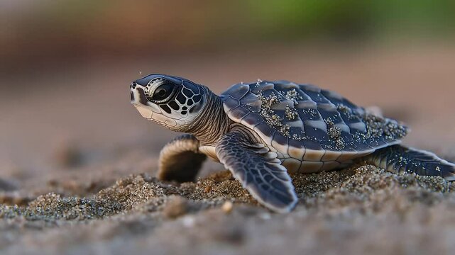A tiny sea turtle hatchling bravely crawls across the sandy beach towards its ocean home.