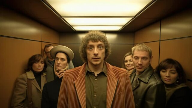 Confined Crowd: Anxious Passengers Packed in Elevator, Feeling Uncomfortable Ride