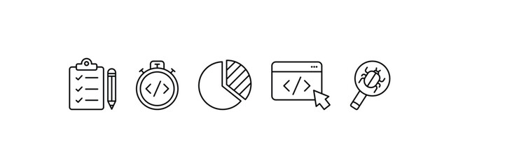 Software development bug tracking code analysis and testing icon set with checklist stopwatch pie chart browser and magnifier.