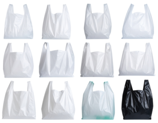 Fourteen plastic shopping bags of various shapes and sizes, mostly white and one black, displayed in a grid format.