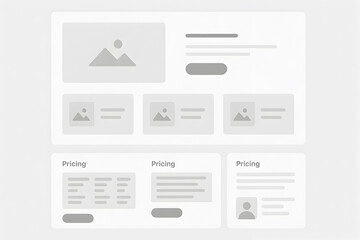 Grayscale pricing page wireframe layout with image blocks, feature list grids, call-to-action buttons, and clean structure for website UI design preview and prototyping mockup