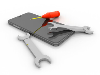 

3d illustration Wrench and spanner on mobile, service concept 