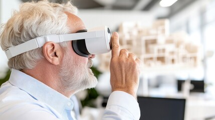 An elderly man engages with virtual reality technology in a modern office environment, showcasing innovation.