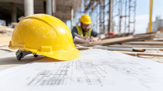 A yellow hard hat on blueprints at a construction site with workers in the background focusing on their tasks.