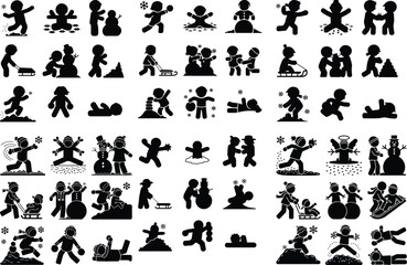 Children Winter Activities Icons – Snow Day Silhouette Vector Pack Kids Playing in Snow Silhouette Set – Winter Fun Icon Collection