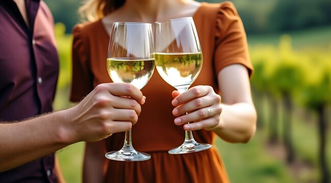 Couple clinking glasses of white wine in vineyard at sunset image