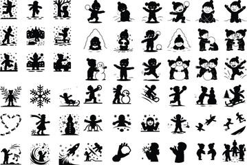 Children Winter Activities Icons – Snow Day Silhouette Vector Pack Kids Playing in Snow Silhouette Set – Winter Fun Icon Collection