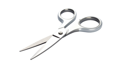 A pair of school scissors in an open position, isolated on a transparent background in high resolution 