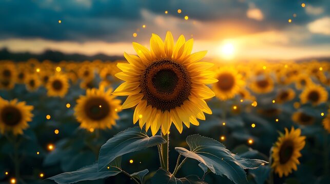 A vibrant sunflower stands tall in a field bathed in the warm glow of a setting sun, with magical sparkling orbs floating gently above a picturesque landscape. - Powered by Adobe