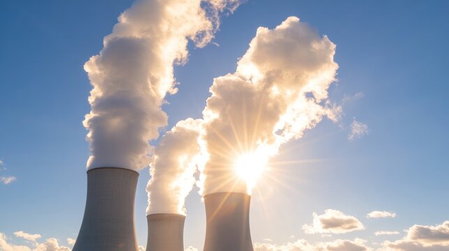 Nuclear power plant cooling towers emitting steam against a bright blue sky, symbolizing energy and technology.