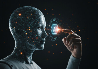 Advanced artificial intelligence depicted through a robotic head and a glowing interactive AI interface.