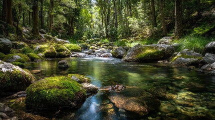 Fototapeta premium Crystal-clear stream winding through mossy forest