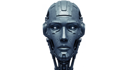 Close-up of a futuristic, metallic robot head, displaying a neutral expression.