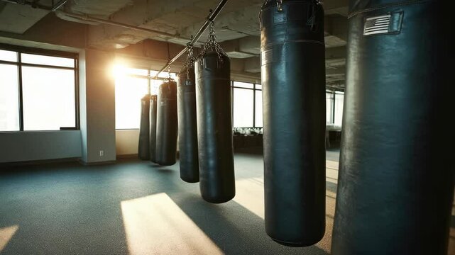 Row of black heavy punching bags hanging in an empty gym bathed in sunlight. Focus on fitness and combat training.