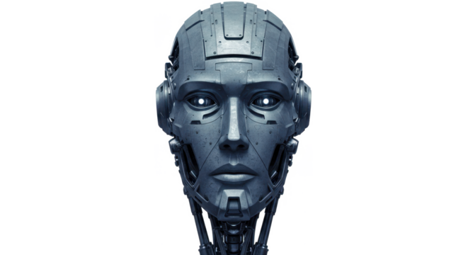 Close-up of a futuristic, metallic robot head, displaying a neutral expression.