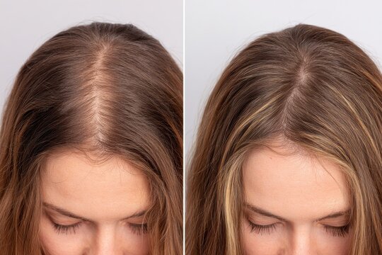 Comparing hair density and treatment for thinning hair on woman with brown and blonde hair strands