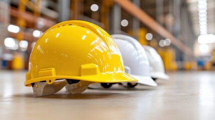 Vibrant hard hats lined up in a professional work environment, symbolizing safety and teamwork.
