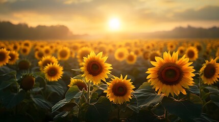 Fototapeta premium A vast field of bright yellow sunflowers stretches towards the golden horizon as the warm morning sun casts a gentle light on the rural summer landscape scene.