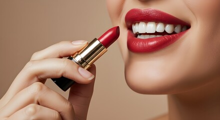 Obraz premium Hand holding a red lipstick near a smiling mouth, close-up, focus on lips, color, and expression, concept of beauty, femininity, self-care, and confidence, soft lighting and clean background
