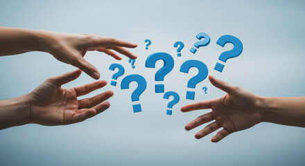 Hands Reaching for Floating Question Marks – Concept of Confusion, Curiosity, Uncertainty, and Communication