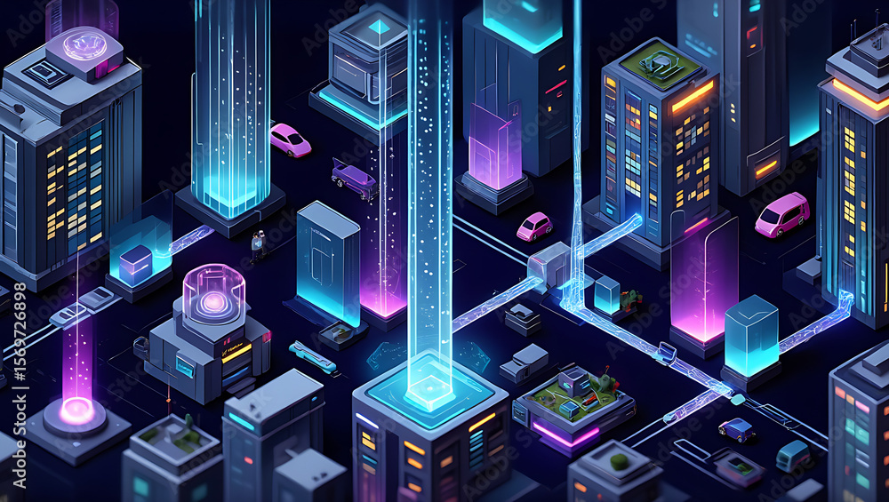 Poster futuristic isometric cityscape with data streams and smart city infrastructure conceptual design