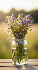 A bouquet of wildflowers is displayed in a mason jar on a wooden table
