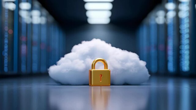 Cloud security concept with a gold padlock in front of a cloud in a computer server room emphasizing secure data storage and protection online. - Powered by Adobe