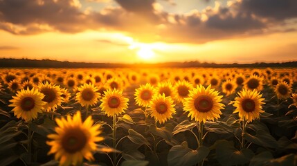Fototapeta premium A picturesque sunflower field stretches towards the horizon bathed in the warm glow of the setting sun illuminating the petals and creating a serene landscape.