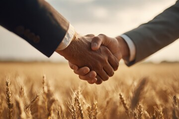 Successful partnership handshake over golden wheat field signifies agricultural agreement and collaboration outdoors