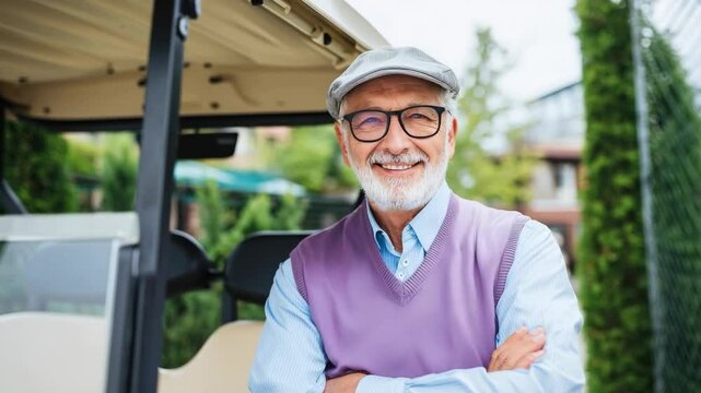 Smiling senior man with cap and glasses in golf cart. Happy, healthy, and active lifestyle. Golf course or retirement community setting. - Powered by Adobe