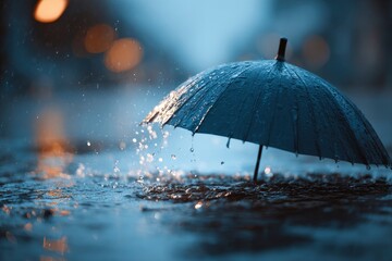 Umbrella amid rain with bokeh lights wet dark and reflective
