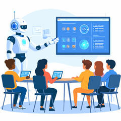 AI Robot Teaching a Class of Diverse Students with Interactive Screen in a Bright Classroom Setting with Blue and White Color Scheme
