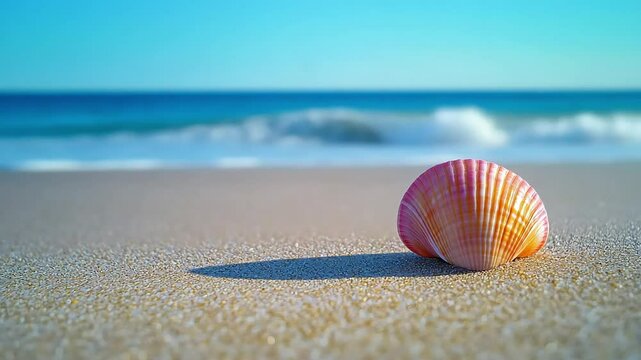 A vibrant seashell rests peacefully on the sun-kissed sandy beach by the calm ocean waves.