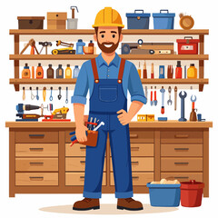 Bearded Carpenter in Blue Overalls and Hard Hat Standing in Woodworking Workshop with Shelves Full of Tools